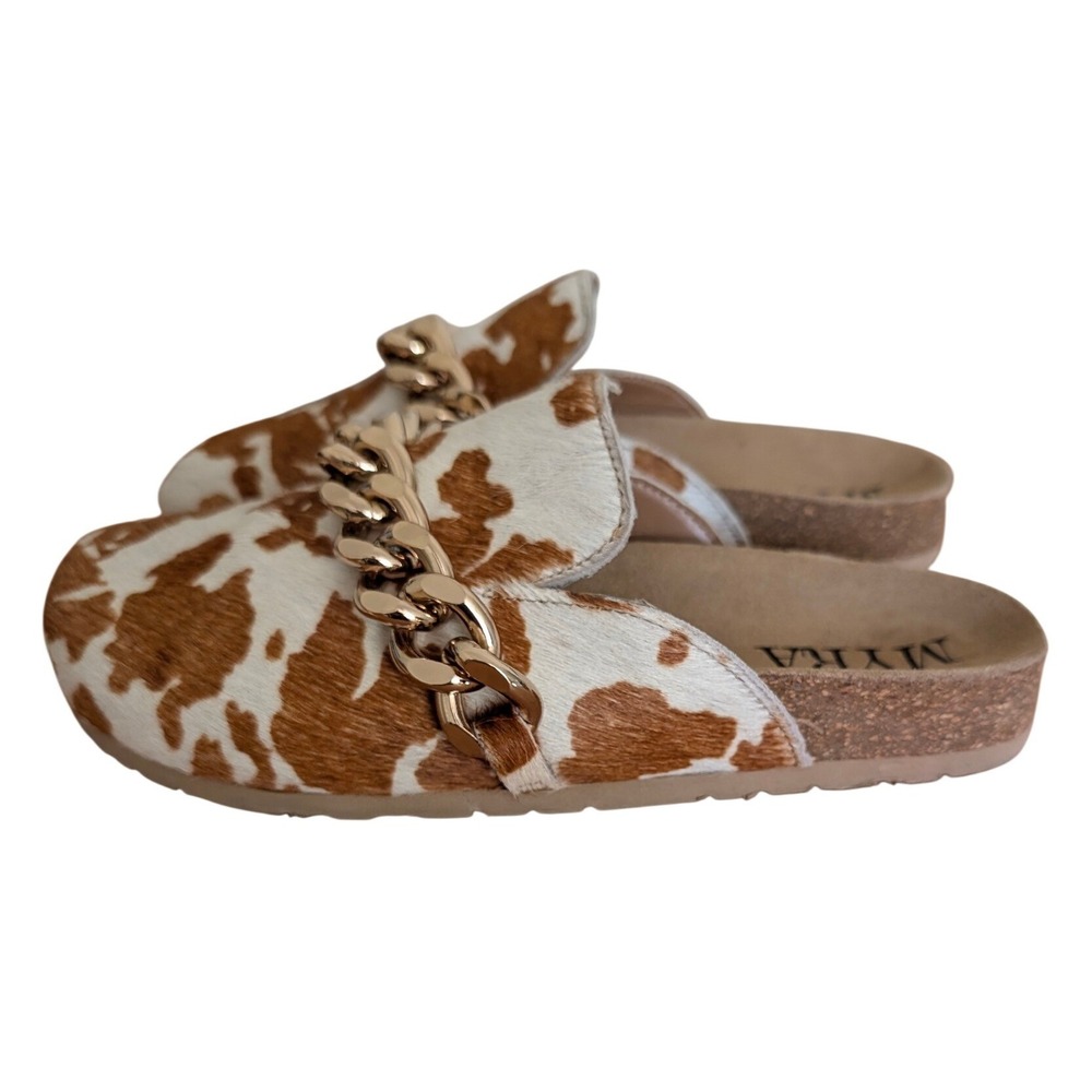 Myra Ado Cowhide Hair On Leather Sandals Women 7 Brown White Chain Accent Mules - Picture 2 of 10
